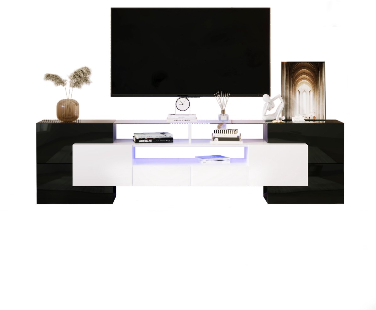 COVREO TV meubel 200x35x60 cm zwart en wit, MDF met LED en 2 lades