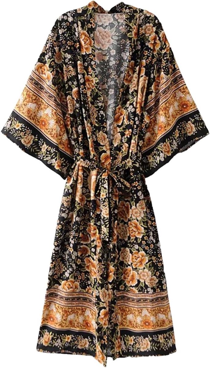 Bohemian Kimono - Dames kimono - Strandkleding - Bloemenprint - One size - Zwart