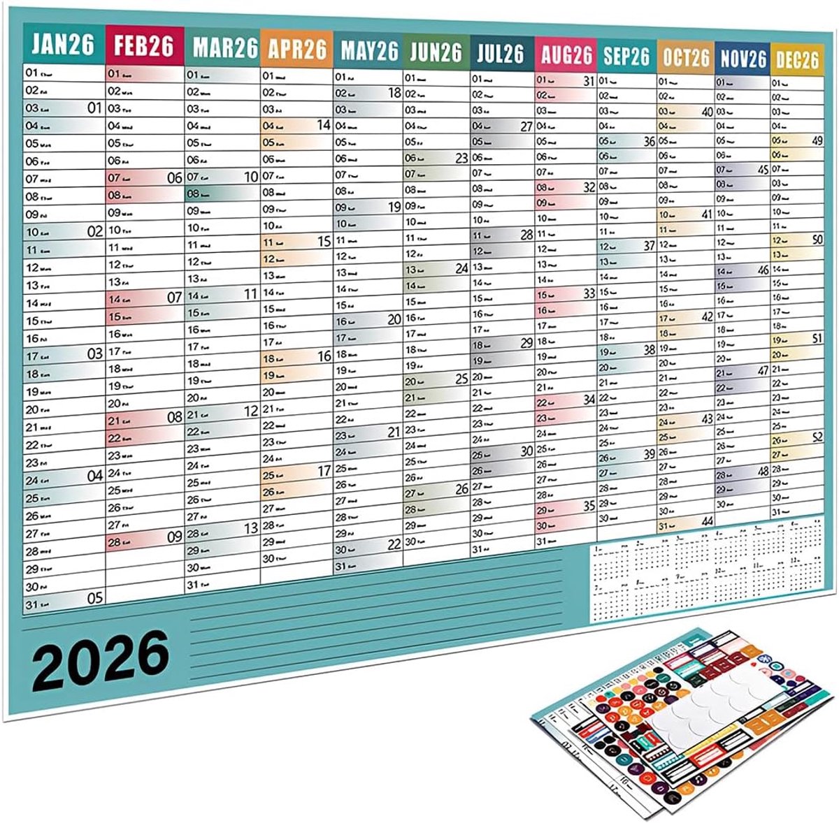 SnelShoppen - Wandkalender 2026 van milieuvriendelijk ongecoat papier, zelfklevende datums, ideale planner voor afspraken, verplichtingen en positieve