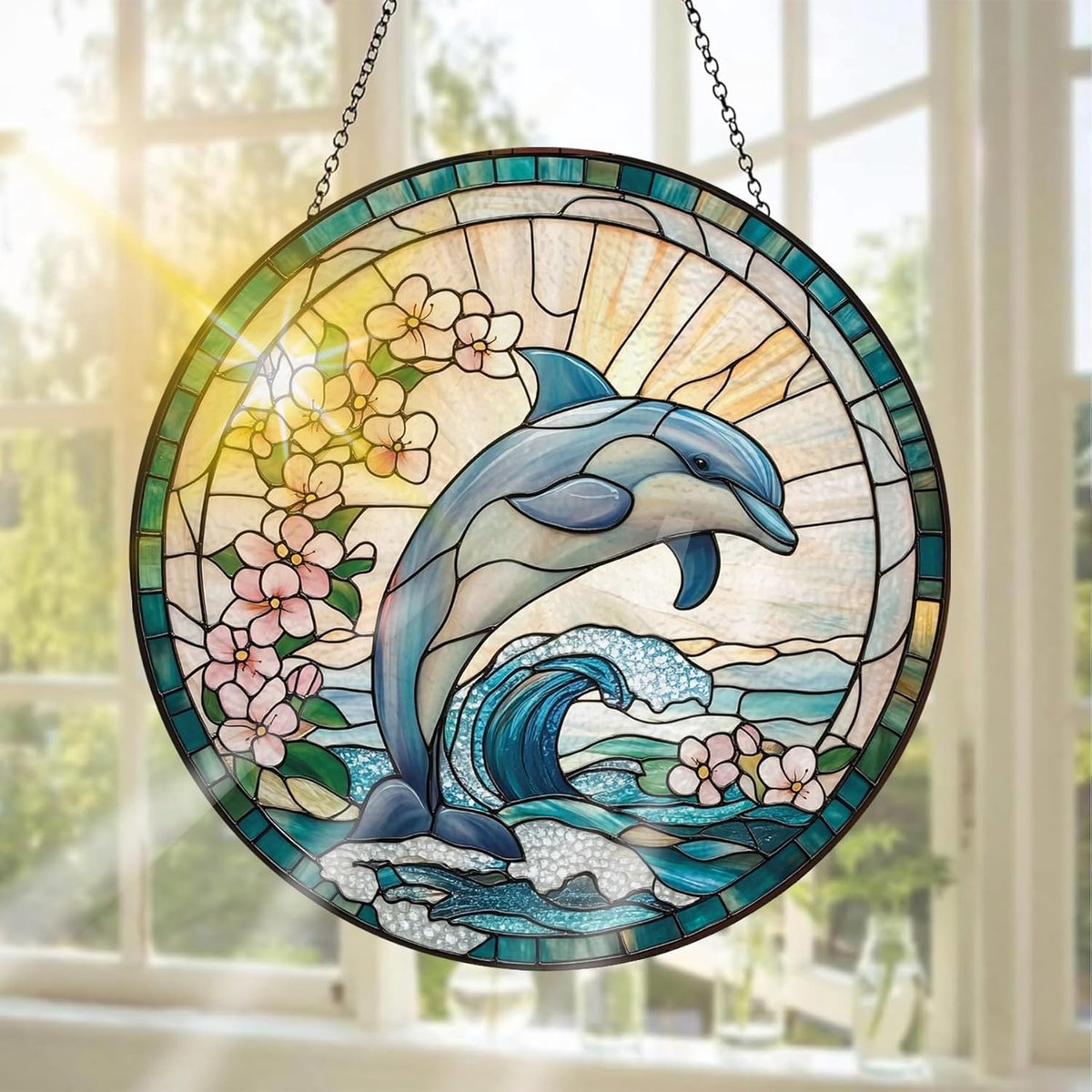 SnelShoppen - Dolfijn Gehard Glas Raamdecoratie 20x20 cm - Handgemaakte Raamdecoratie voor Binnen en Buiten, Tuin, Feest, Kerst, Kleurige Dierlijke Mo