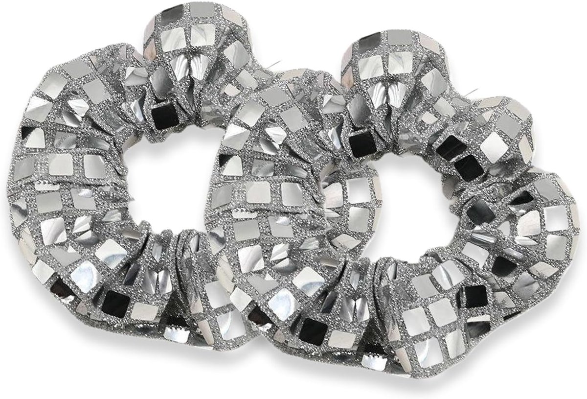 Haarelastiekjes zilverkleurig - 2 stuks polyester - met glitterlook - ideaal voor school en feestjes - ShopVlot