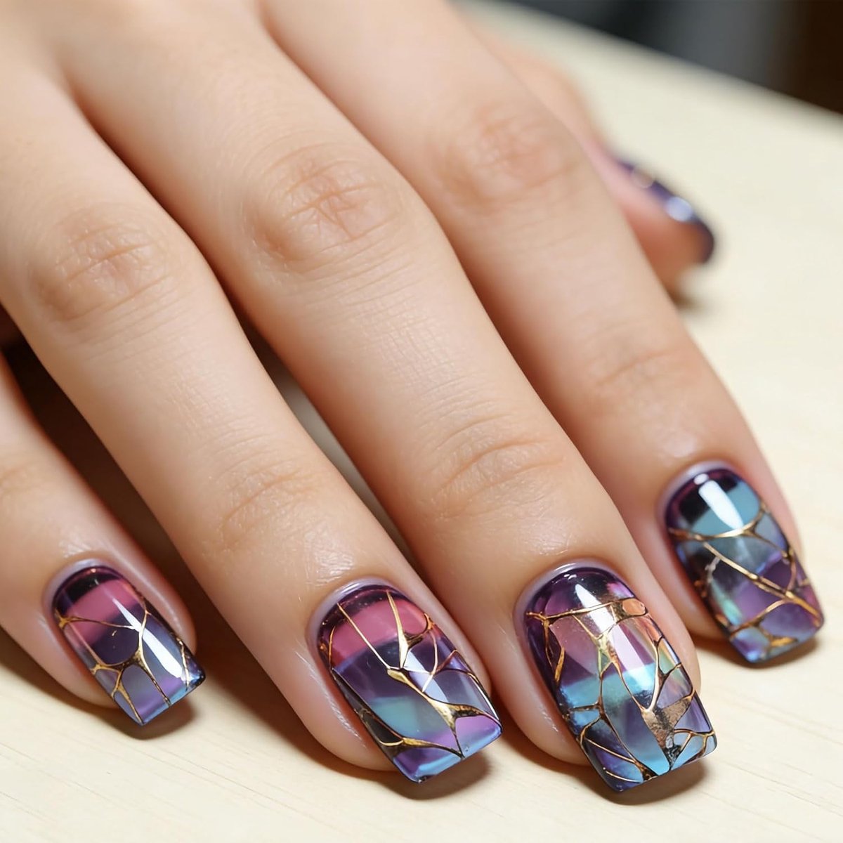 SnelShoppen - 24 Stuks Korte Vierkante Persnagels, Blauw Paars Glanzende Acrylnagels met Gouden Strepen, Volledige Dekking Nepnagels voor Vrouwen Mani