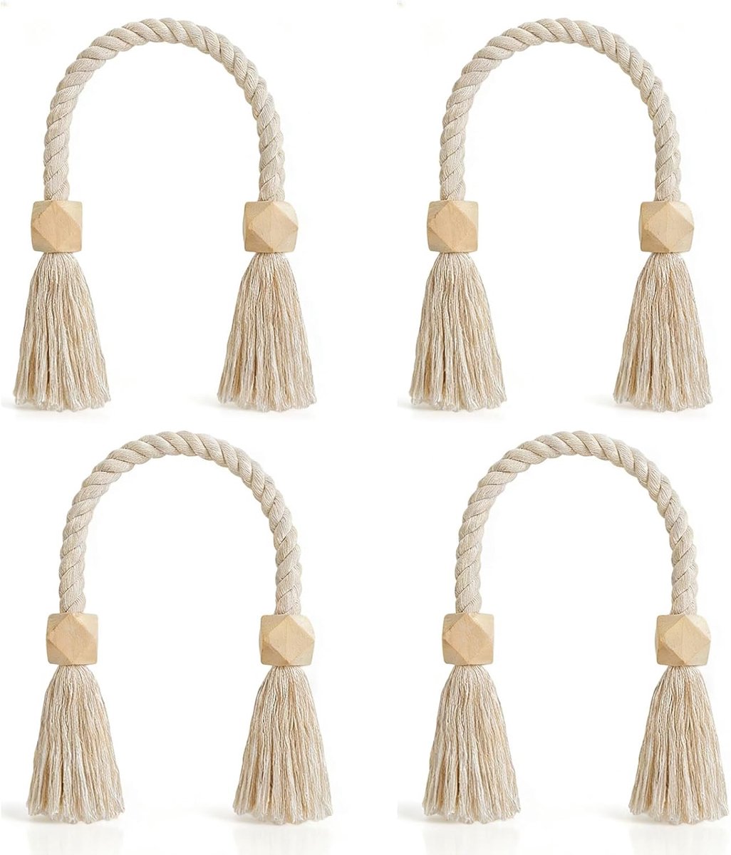 SnelShoppen - 4 Stuks Magnetische Gordijnhouders, Handgeweven Katoenen Gordijntopper met Houten Kralen en Franje, Vouwbare Gordijnhouders voor Woonkam