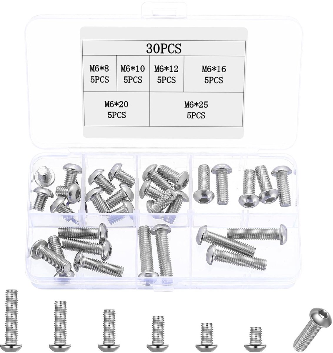 SnelShoppen - 30Pcs 1/4 Inch Schroefset, Hexagon Socket Schroeven, Ronde Hoofd Schroeven, Machine Schroeven Assortiment, Metalen Schroeven, RVS, Voor