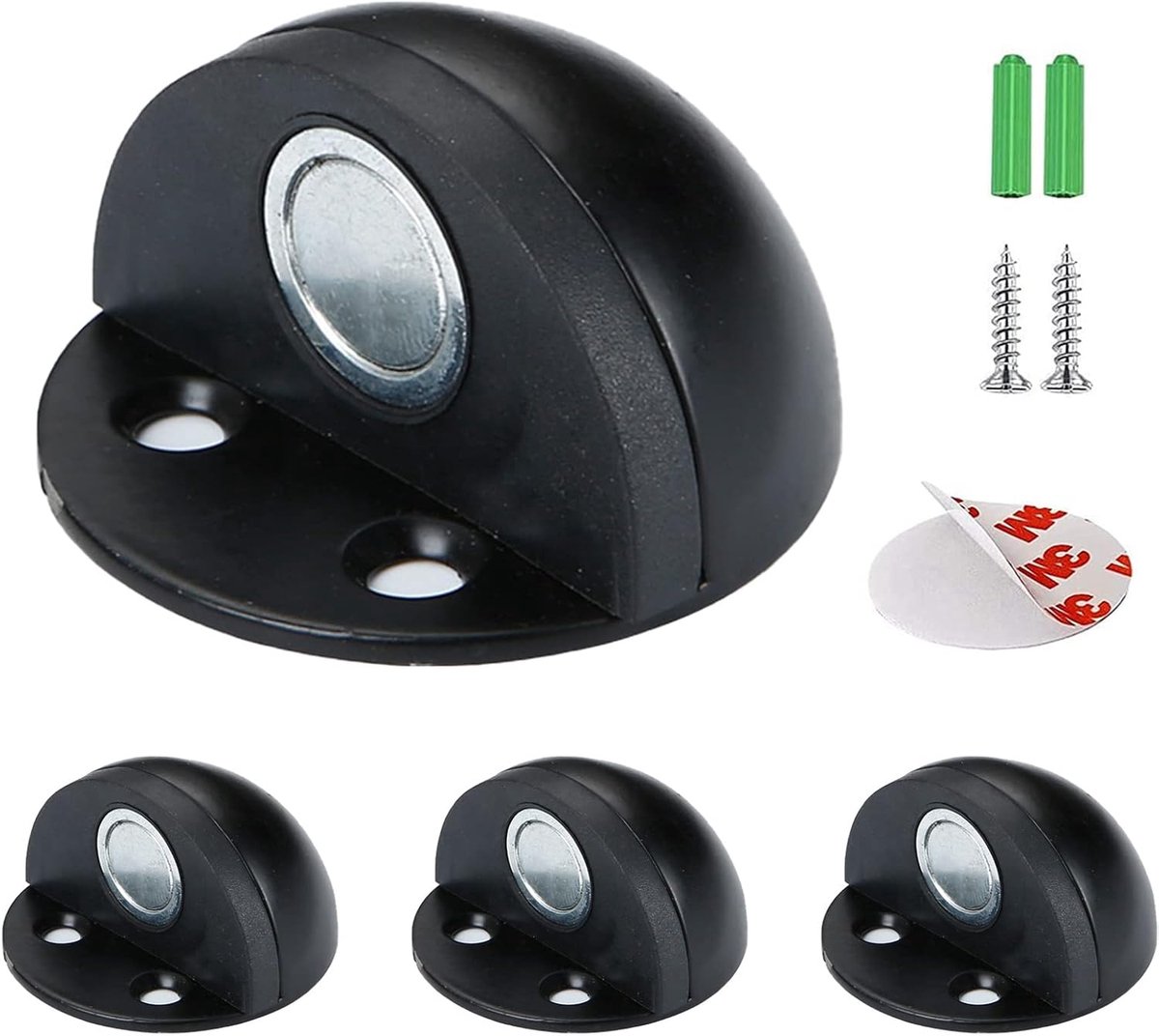 SnelShoppen - Magnetische Deurstoppers Zelfklevend voor Muur en Vloer - RVS Deurstoppers voor Thuis en Kantoor - 4 Stuks Zwart - Bescherming tegen Kra