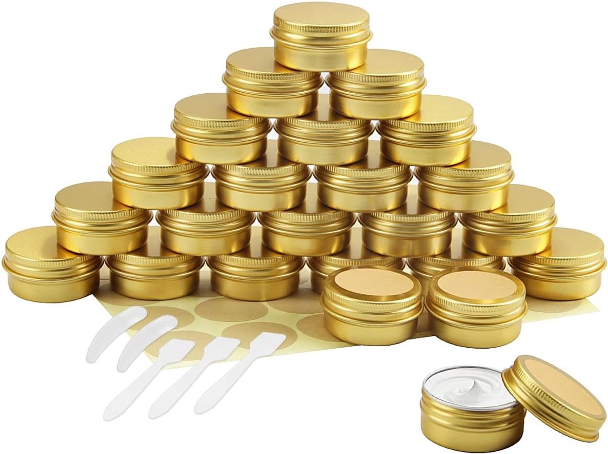 SnelShoppen - 24 Stuks Aluminium Tins 20ml Lege Cosmetic Containers - Duurzaam, Herbruikbaar, Inclusief Accessoires - Ideaal voor Lotion, Crème, Mini