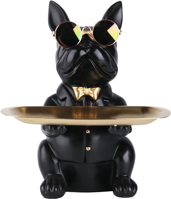 SnelShoppen - Multifunctionele Bulldog Standbeeld, Honden Butler Decoratie Opslagtray, Creatieve Schattige Honden Opslagtray, Zwarte Hars, Sleutelhang