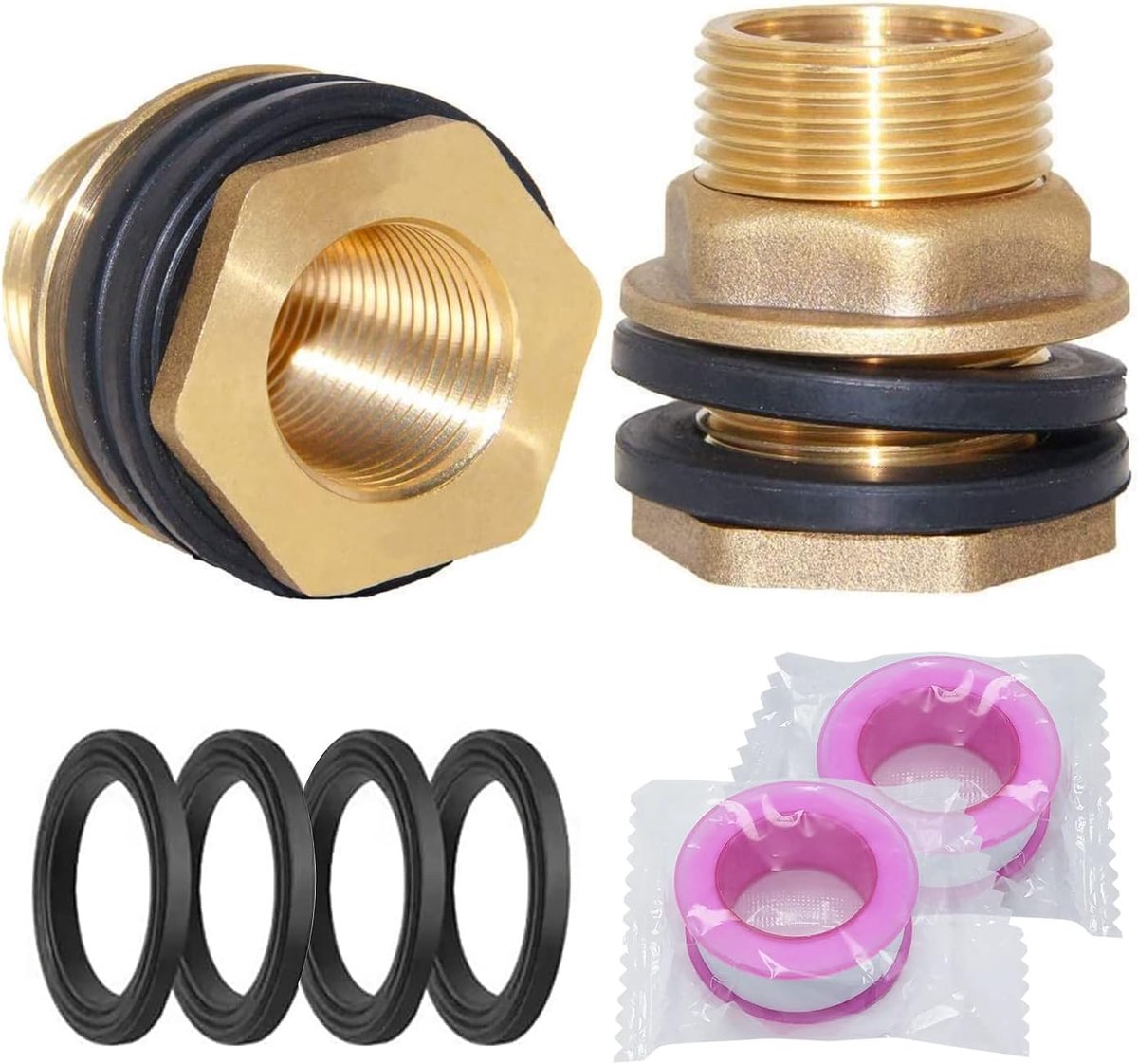 SnelShoppen - 2 Stuks Regenwater Aansluiting 3/4 Inch Messing Schroefdraad met 4 Seals + 2 Teflon Tape, Tankvoeder 3/4 Inch Mannetje, 1/2 Inch Vrouwtj