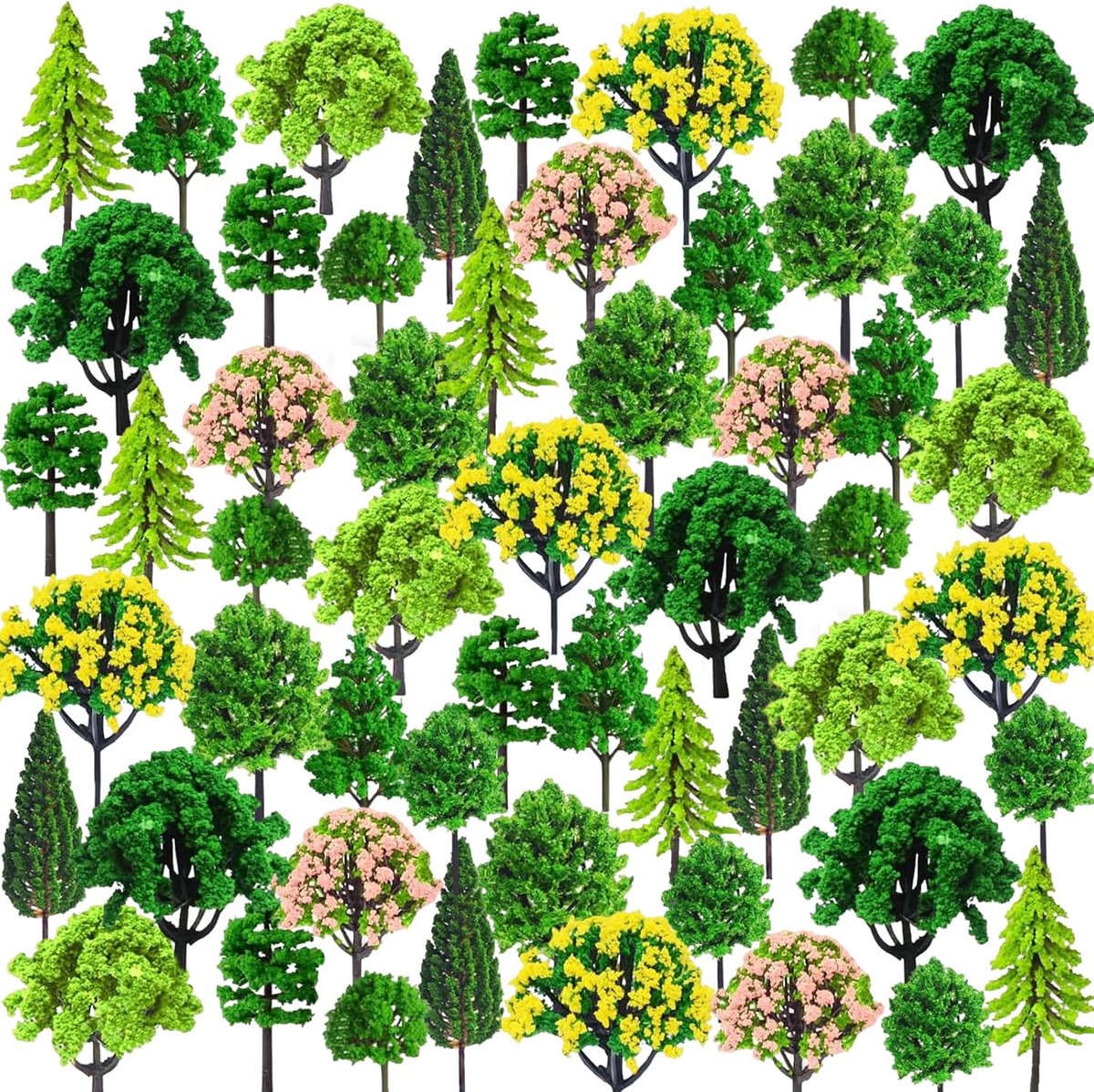 SnelShoppen - 55 Stuks Gemengde Miniatuur Bomen voor Diorama - Plastic Modelbomen 3-7 cm - Perfect voor Modelbouw, Treinlandschappen, en Tuinprojecten