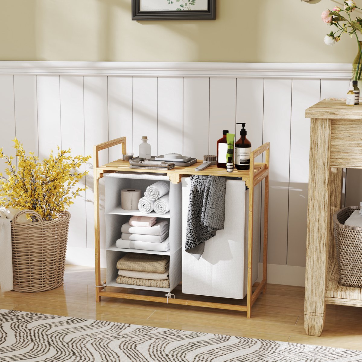 COVREO Wassorteerder 70x36x70 cm wit, bamboe met 4 vakken en plank