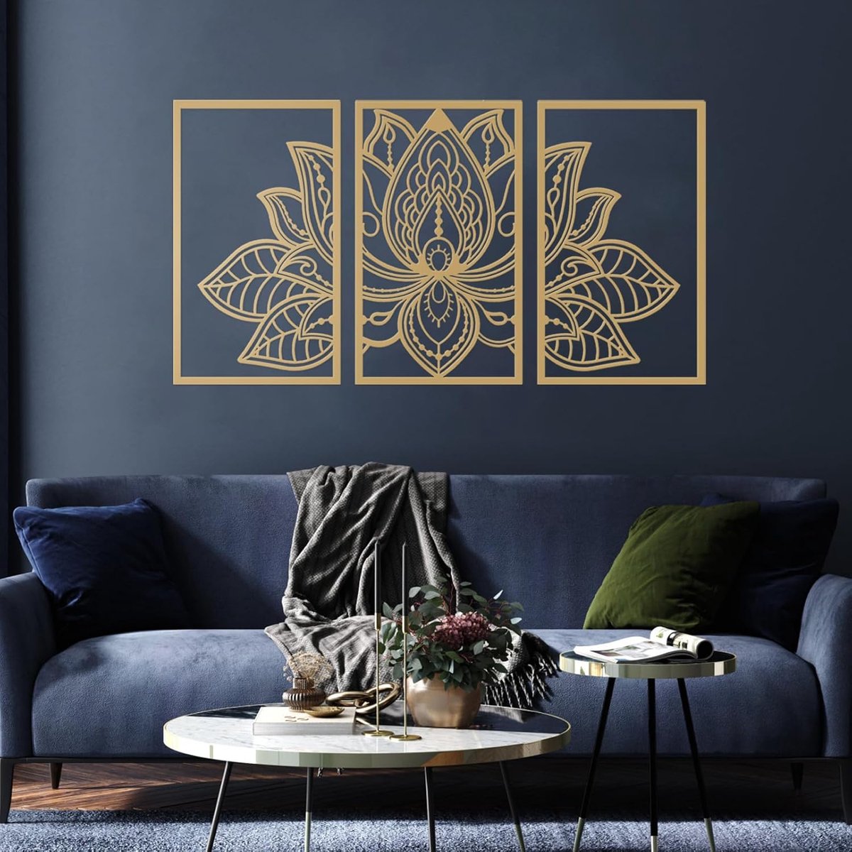 SnelShoppen - Grote Lotus Bloem Metaal Wanddecoratie 3-delig Set, Religie Geloof Mandala Wanddecoratie voor Woonkamer, Slaapkamer, Kantoor en Yoga Rui