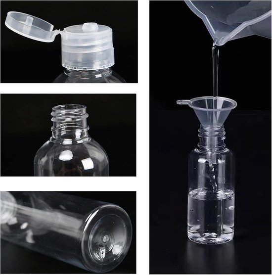 SnelShoppen - 10-delige Reisset met Levensmiddelenflessen – Transparante Plastic Leeg Flesjes, Lekvrije Reishouders voor Vloeistoffen, 50ml & 100ml, M — afbeelding 3