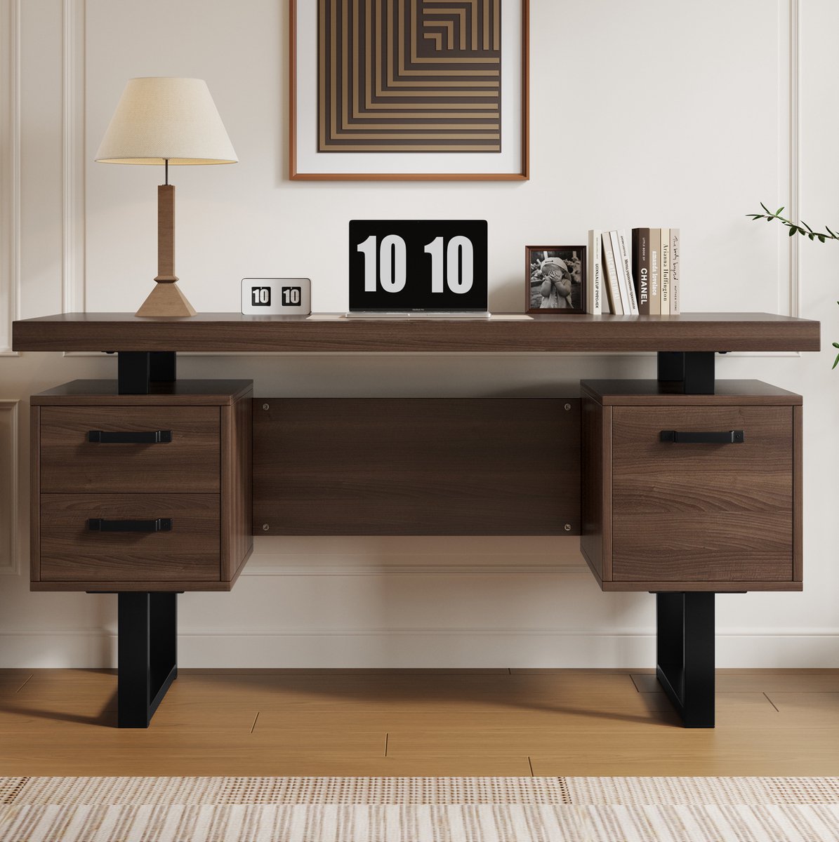 COVREO Bureau 135x54x76 cm bruin en zwart, MDF met lades en opbergruimte