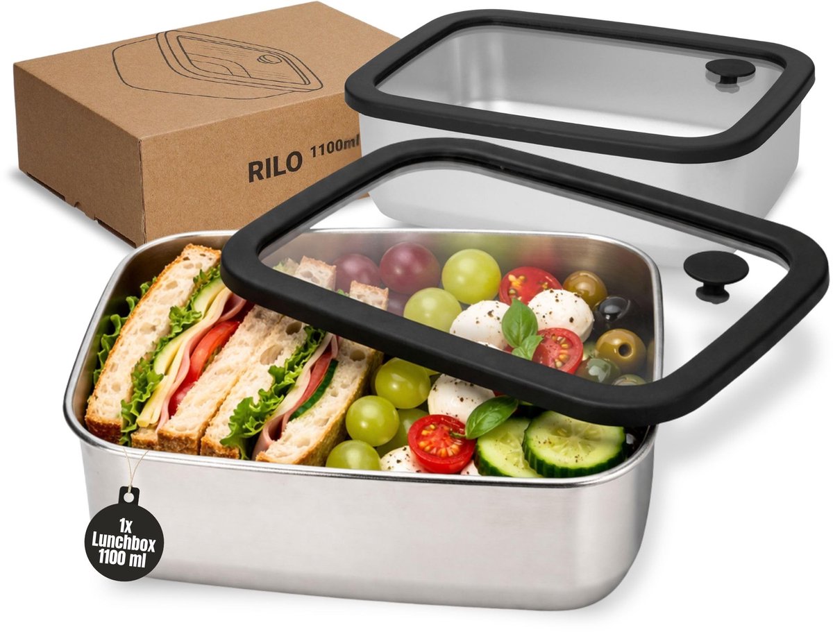 Omgoods- Lunchbox 1100 ml - Roestvrij Staal - Glazen Deksel - Lekvrij - Stapelbaar - Duurzaam Gebruik - Voedselcontainer