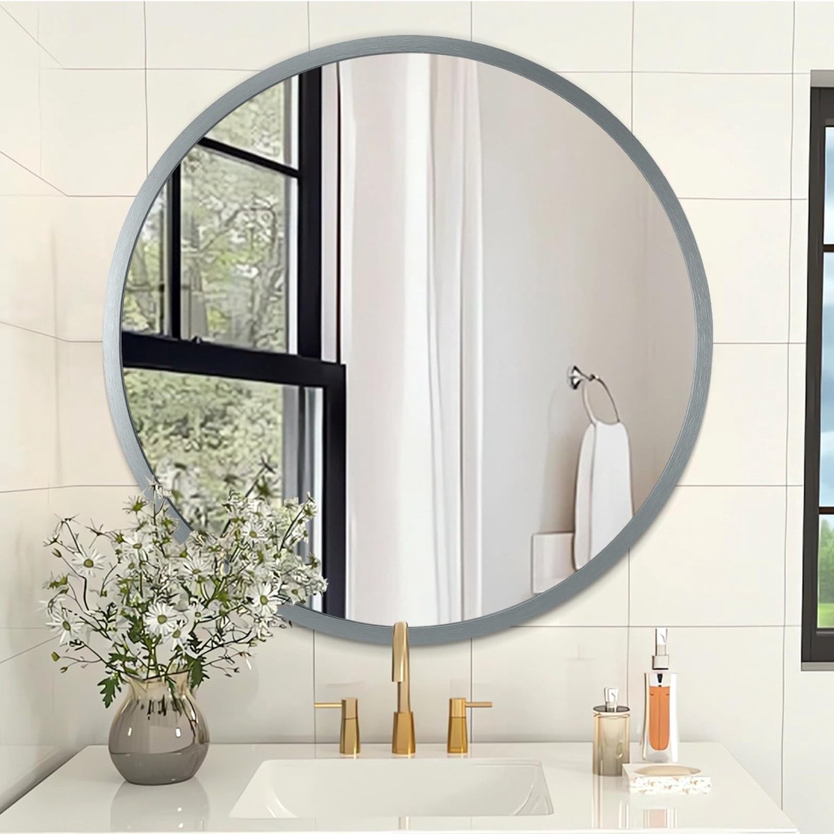 Omgoods - Ronde Wandspiegel met Aluminium Frame 40 cm voor Badkamer en Woonkamer