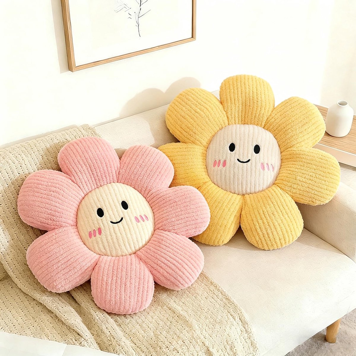 Omgoods - Decoratieve Gooi Kussens, Set van 2 met Witte en Roze Bloemen