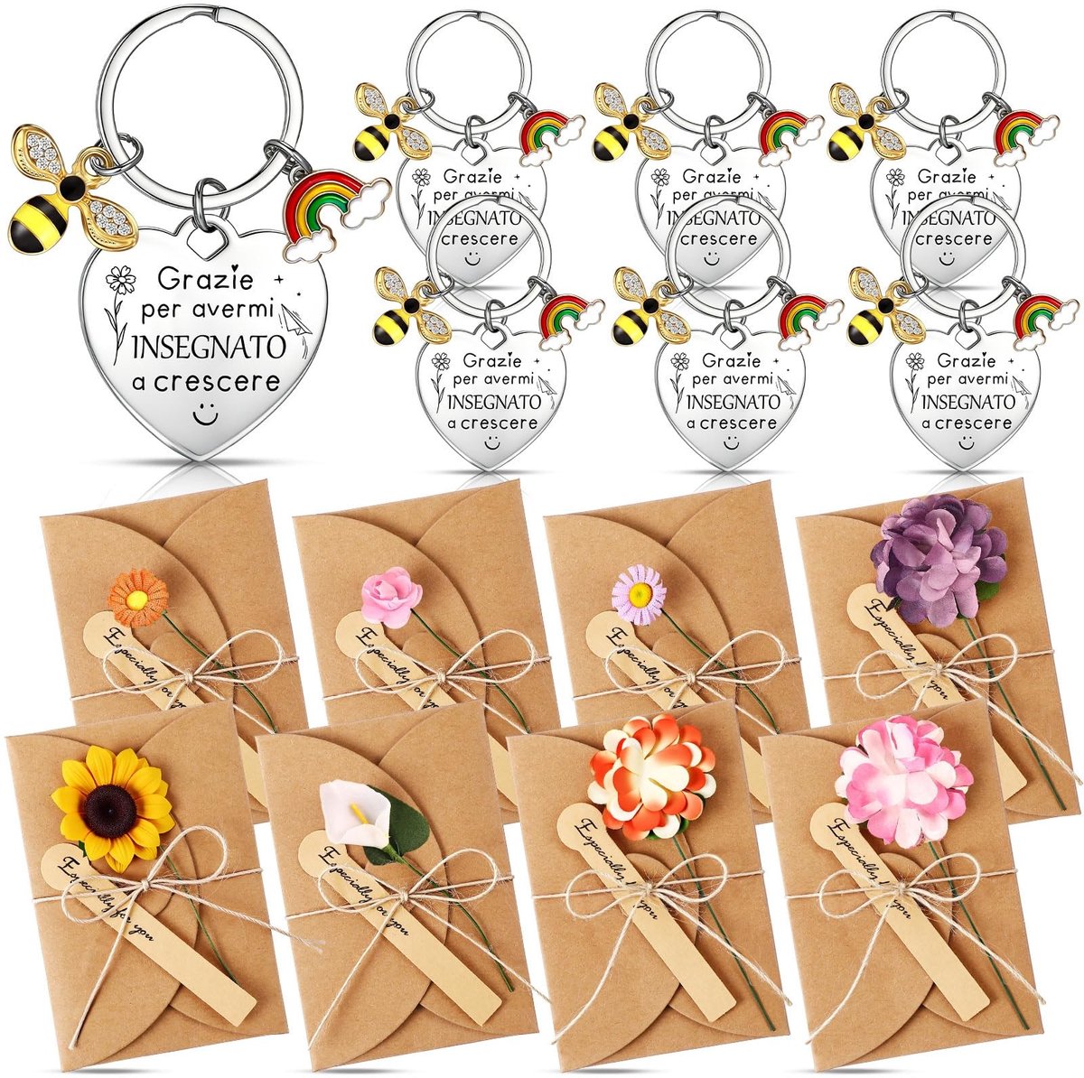 Omgoods- Bedankcadeauset Creatief - Sleutelhanger met Regenboogbijen - Enveloppen met Gedroogde Bloemen - Wenskaarten voor Afscheid - Cadeauset voor Leraren - Waardevol Aandenken