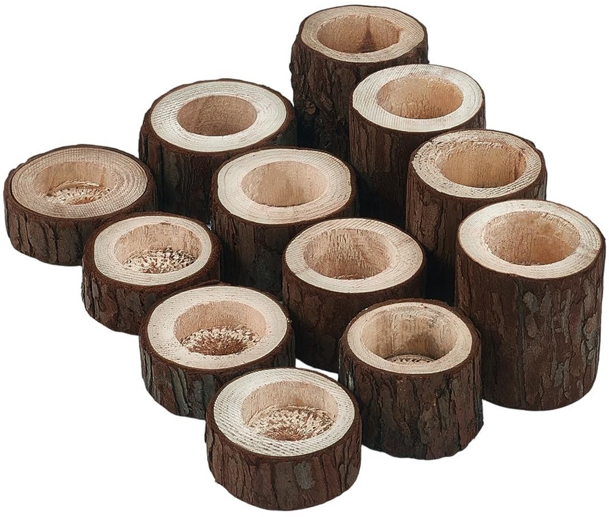 Omgoods - Set van 12 Houten Kaarsenhouders voor Theelichtjes, Boerderij Stijl