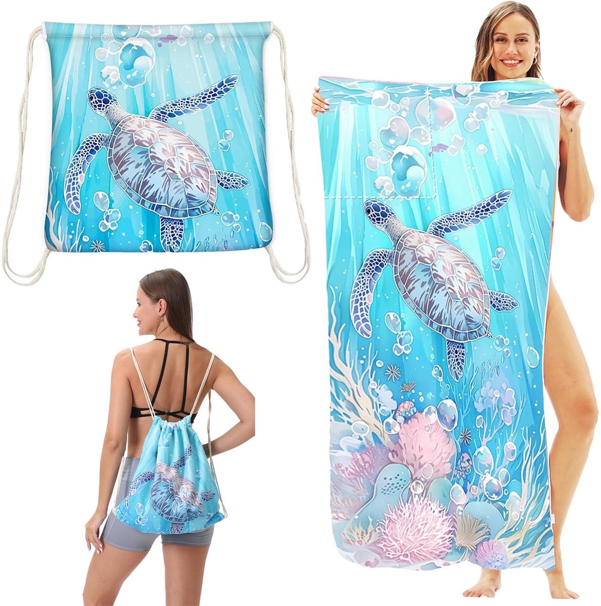 Omgoods - Microvezel Strandhanddoek met 2-in-1 Rugzak, 140 x 70 cm