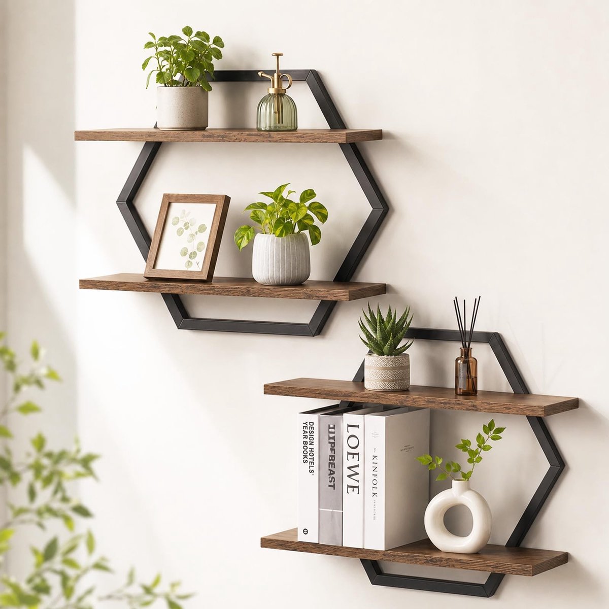 Omgoods - Set van 2 Decoratieve Zwevende Planken met Hexagonaal Ontwerp