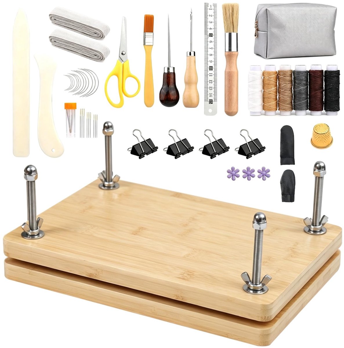 Omgoods - Complete Boekbindset met Houten Pers en Gereedschap