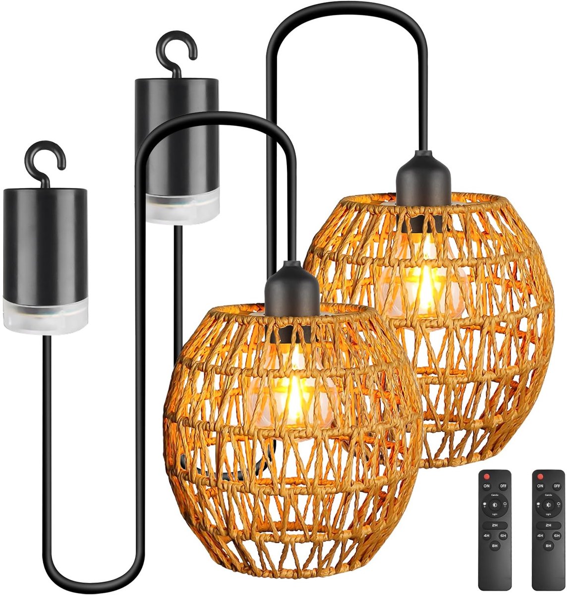 Omgoods - Accu Hanglamp Set van 2 met Afstandsbediening en Rotan Lampenkap