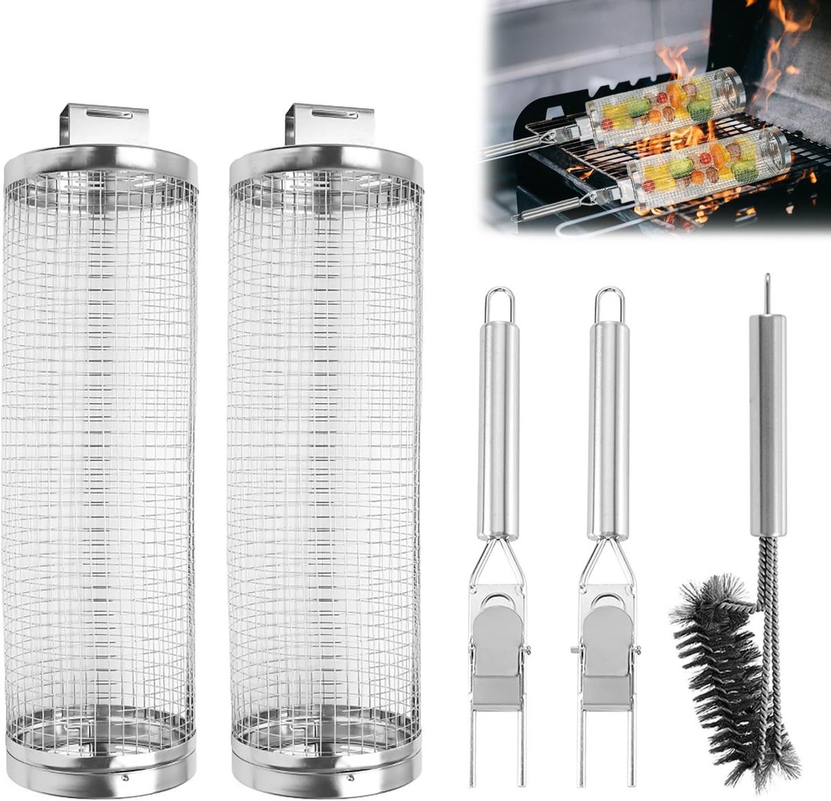 Omgoods- Grillmanden Set van 2 - Roestvrijstalen Rollende Grillmanden - Afneembare Handgrepen - Reinigingsborstel - Barbecue Accessoires - Perfect Cadeau voor Barbecueliefhebbers - Barbecue Mand