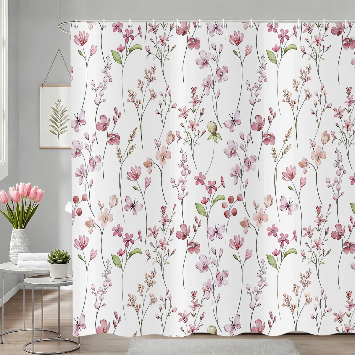 Omgoods - Douchegordijn met Bloemen Aquarel - 180 x 200 cm, Roze-Bruin