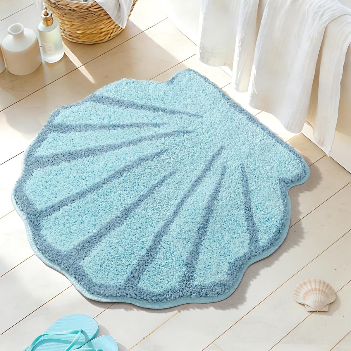 Omgoods - Schelpen Badkamermat, Antislip, 58 x 58 cm, Aqua Blauw