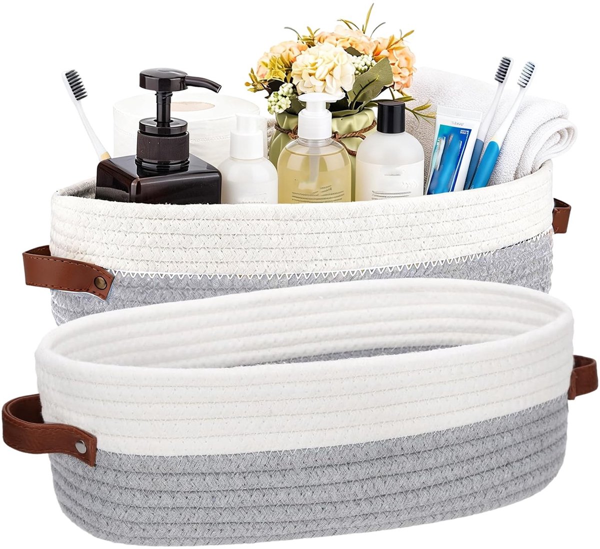 Omgoods - 2 Stuks Gevlochten Mand met Leren Handgrepen - 28 x 10 x 10 cm