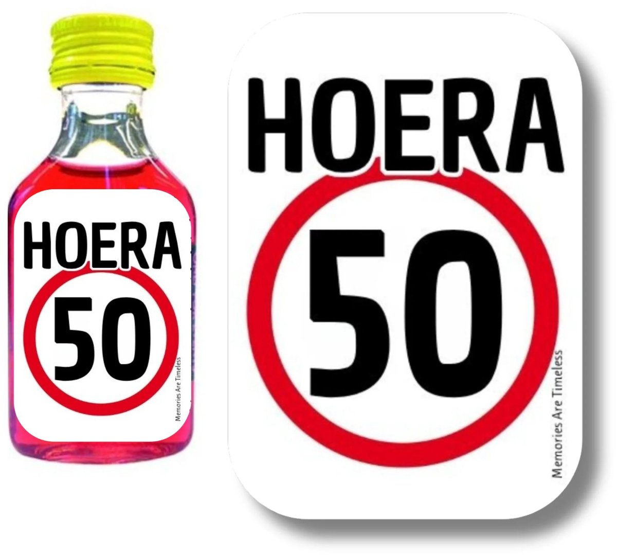 Shotjes Etiketten 50 Jaar | Hoera 50 | 30 Stickers | Mini Shotflesjes 20 ml | Memories Are Timeless