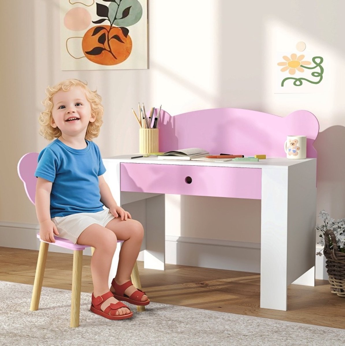 COVREO Kinderschrijfbureau met stoel 80 x 41 x 74,5 cm roze, hout met lade