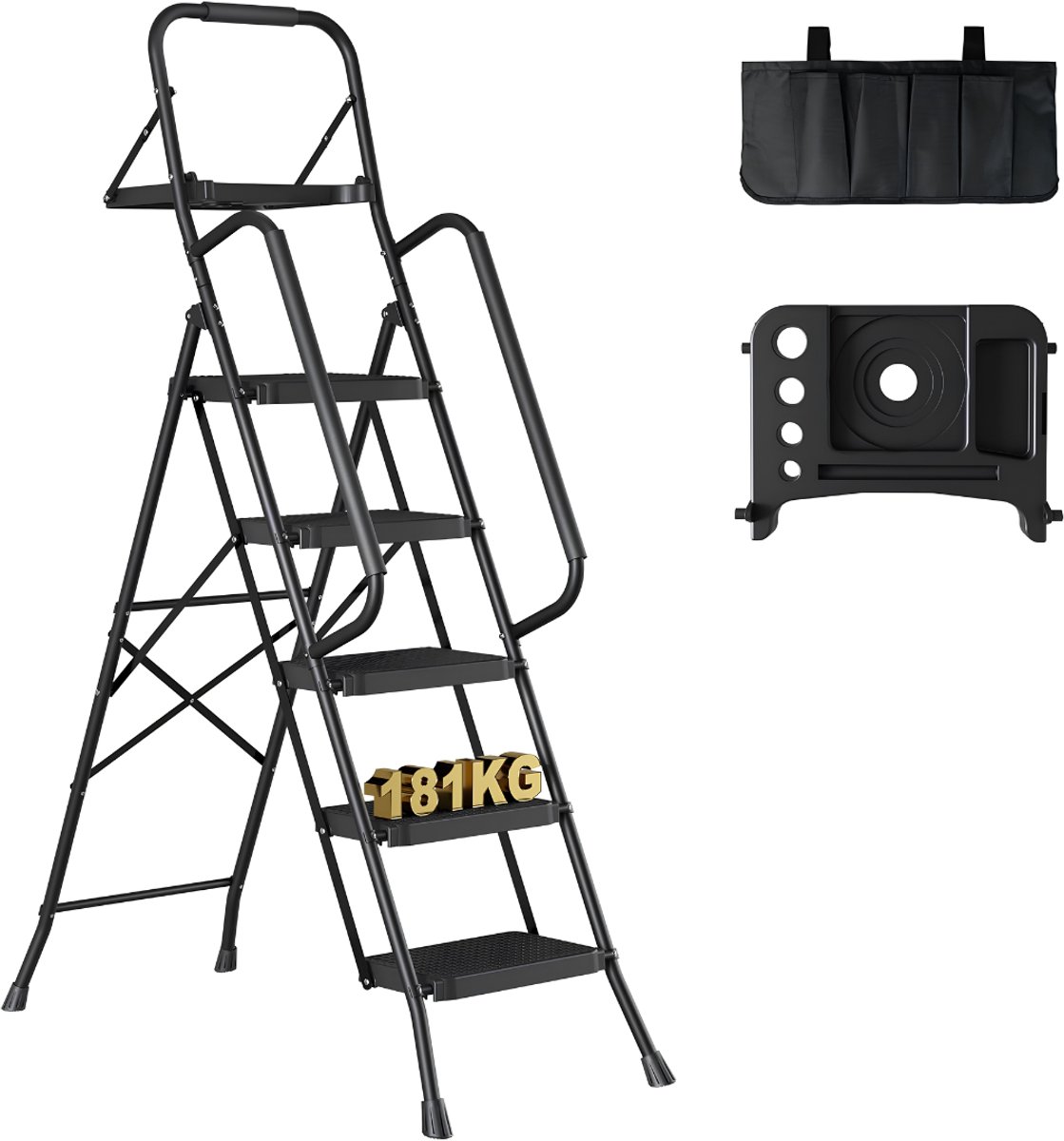 JCP® Huishoudtrap 5 Treden - Ladder - Huishoudtrap - Zwart - 109cm x 52cm x 174cm