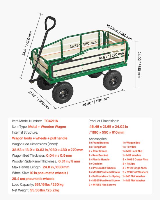 Kinderhandkar, 102 cm, Transportkar met Duwstang, Gemaakt van Hout en Metaal, Max. Draagvermogen van 150 Kg, Geschikt voor Kinderen Vanaf 5 Jaar, Ideaal voor Tuin, Uitstapjes en Strand, Groen en Geel — afbeelding 3