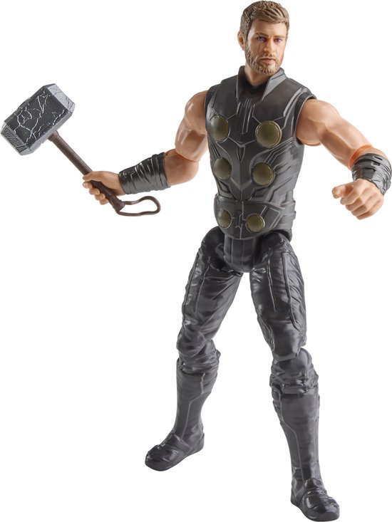 Thor actiefiguur in grijs pantser en broek, met Mjolnir