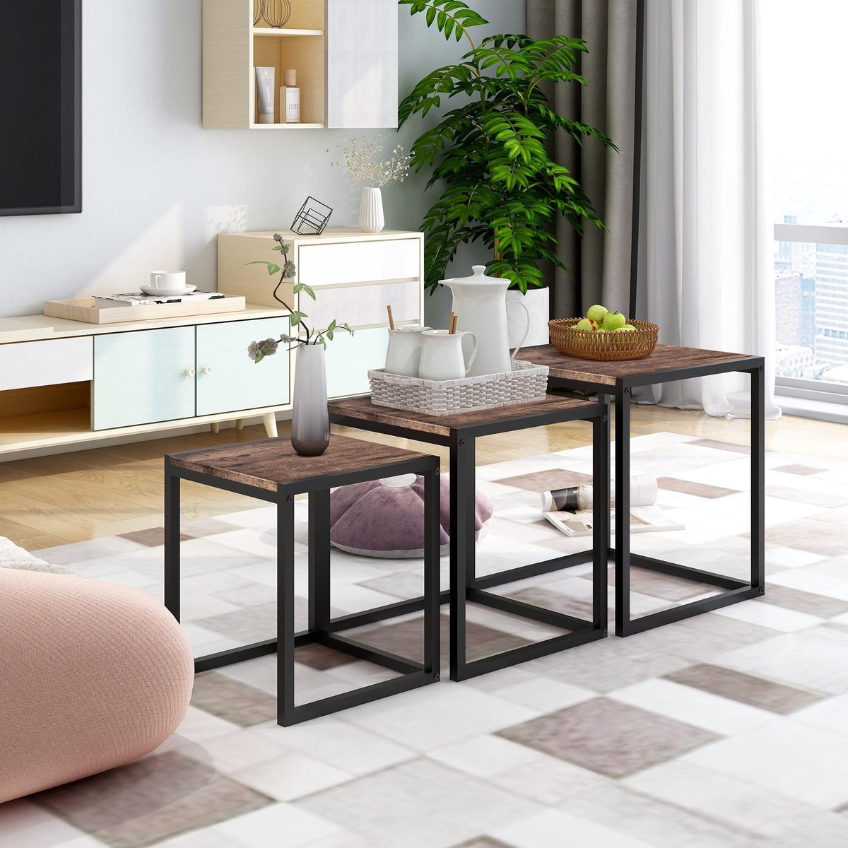 Omgoods - Nesting Koffietafel Set van 3, Zwart en Rustiek Bruin