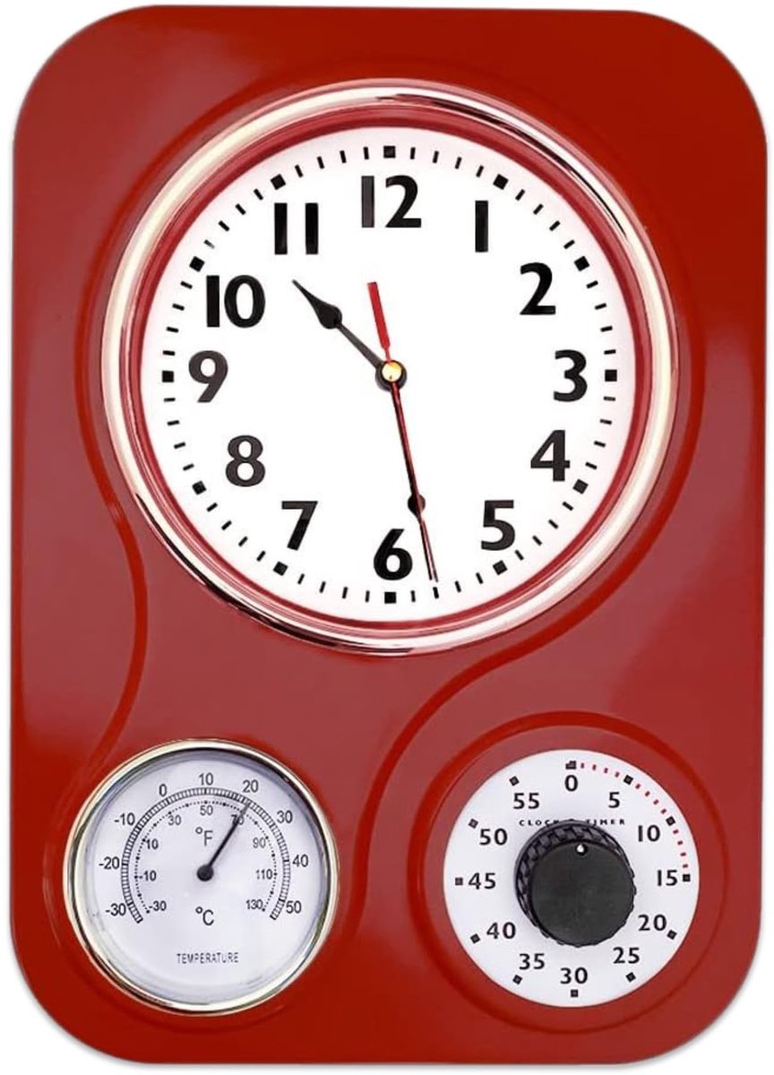 Omgoods - Retro Keukenwandklok met Thermometer en Timer
