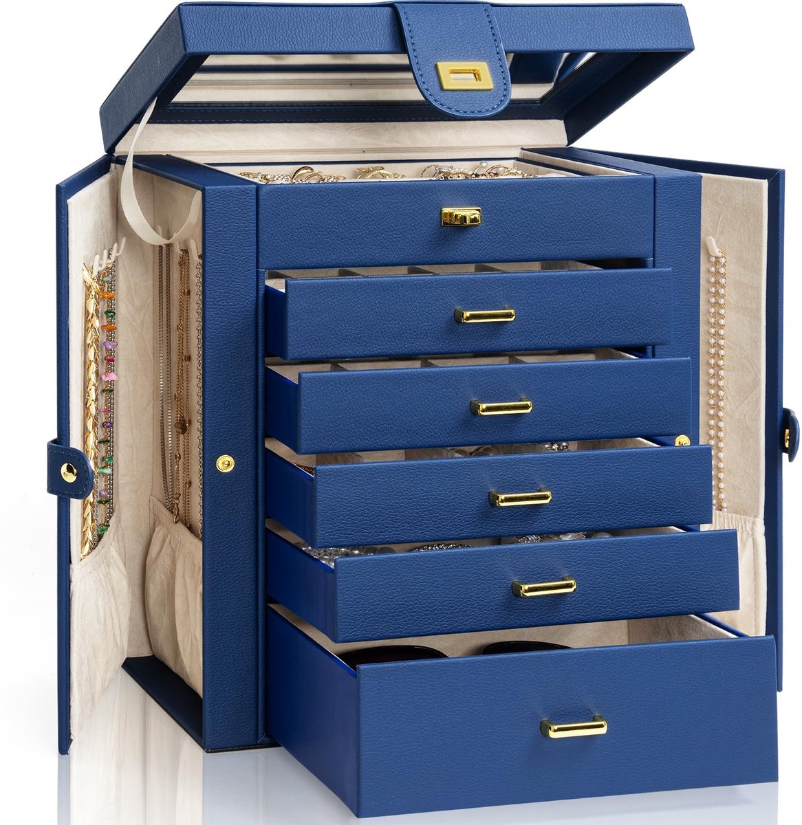 Omgoods - Grote Functionele Lockable Sieradenbox met Spiegel voor Vrouwen
