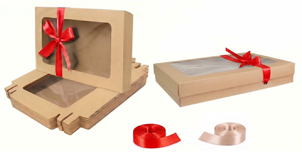 Omgoods - Set van 12 Bruine Cadeauboxen met Transparante Venster en Rode Satijnen Lint