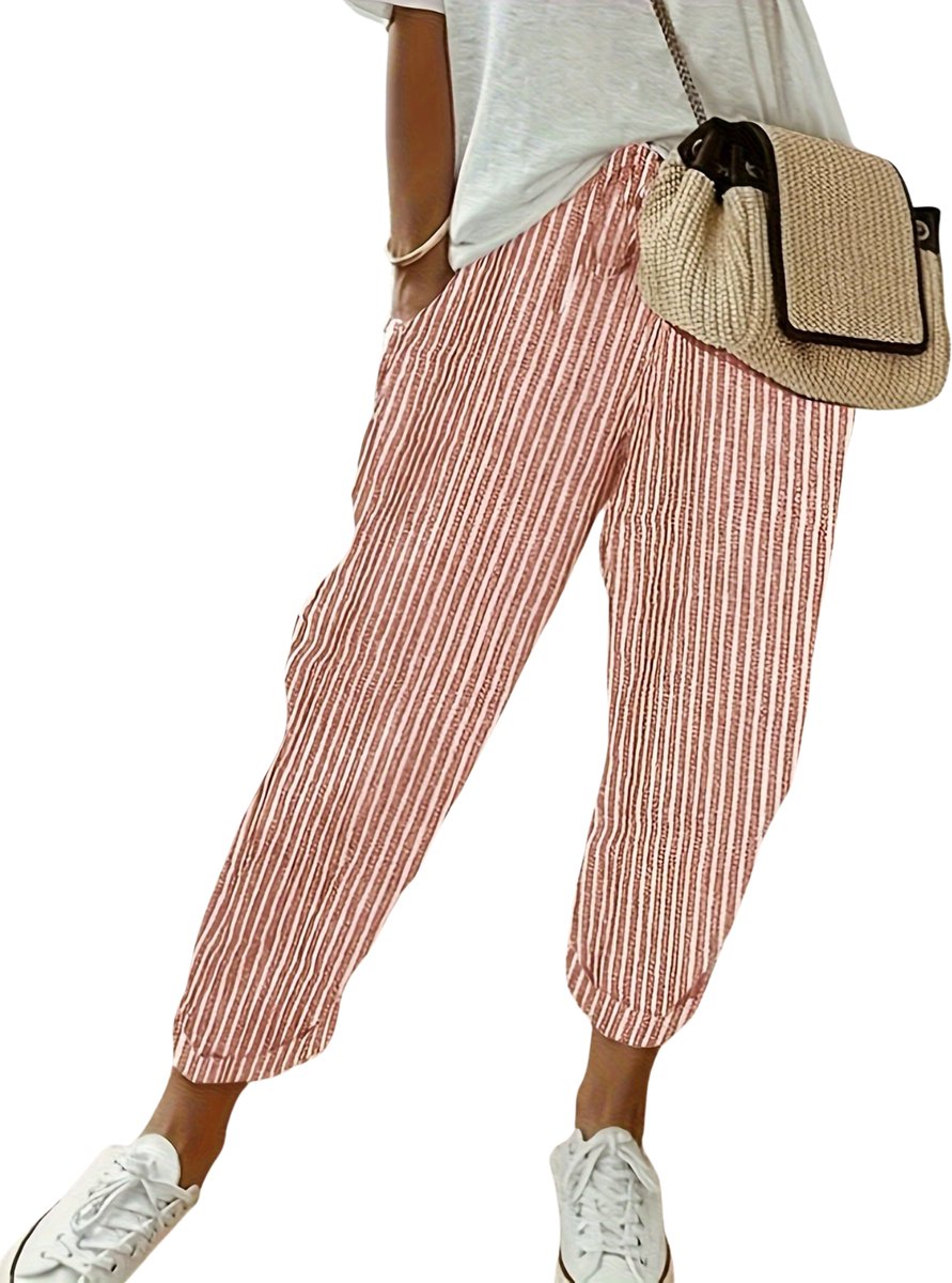Currero Gestreepte Broek Dames and Striped Pants Yacht Club Linnen Broek Zomerbroek Volwassenen Lange Broek Strandbroek Rood