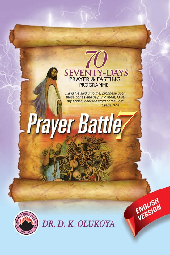 Boek met "70 Seventy-Days Prayer & Fasting Programme" en een illustratie van Jezus aan de linkerkant en schedels aan de onderkant.
