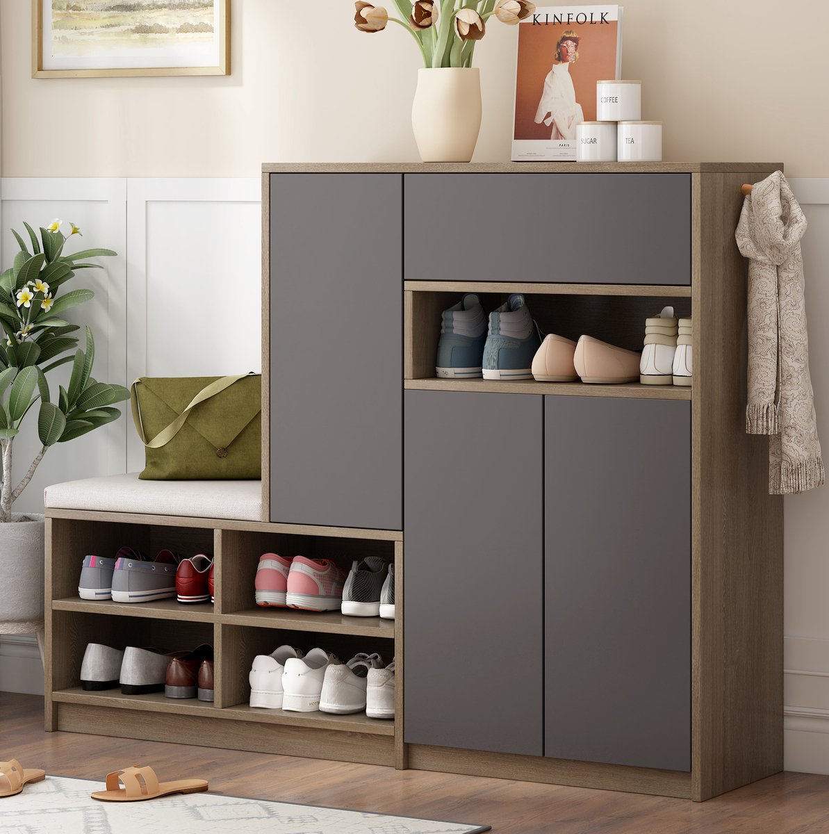 COVREO Schoenenkast 140x35x110 cm grijs, spaanplaat met zitkussen
