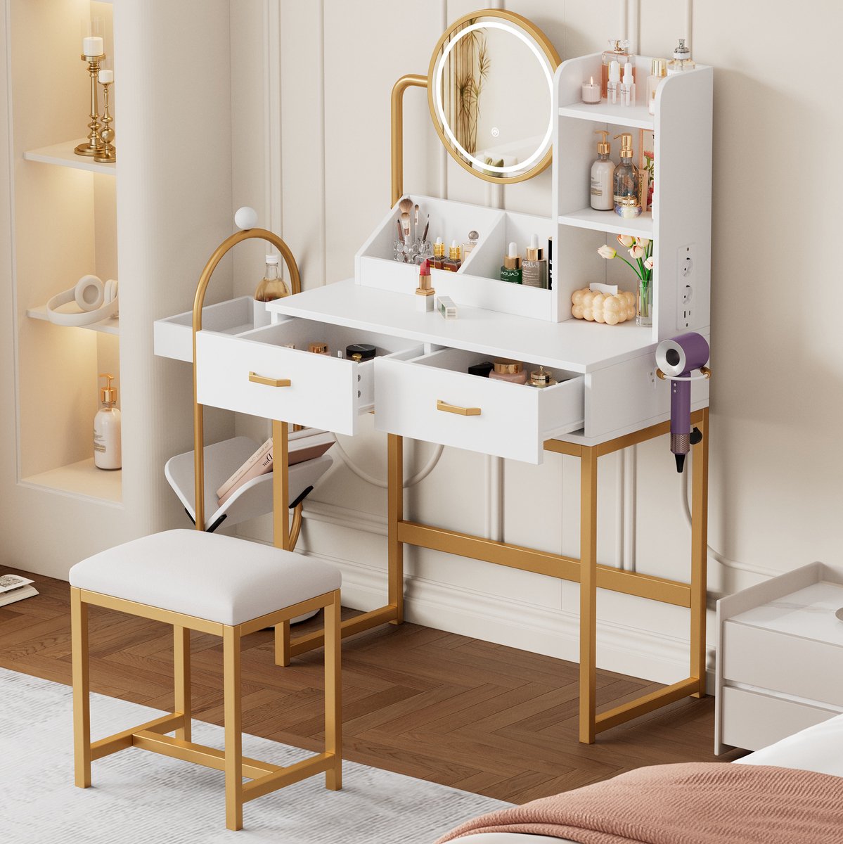 COVREO Kaptafel 80x40x138,5 cm wit-goud, spaanplaat met 2 lades