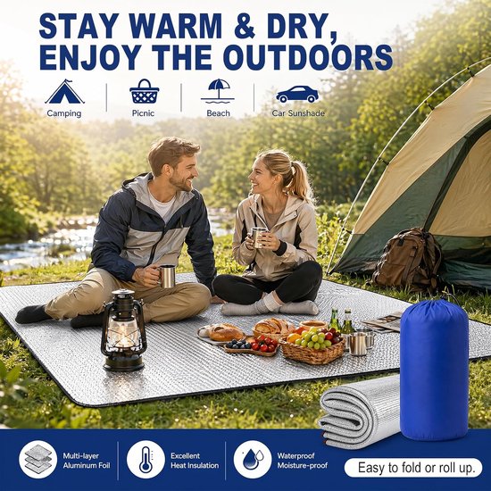 Aluminium isolatiemat, schuimmatten, 200 x 200 cm, slaapmat voor camping, isolatiedeken, opvouwbare tentmat, vloermat, thermomat, mat van aluminiumfolie, ultralicht en waterafstotend — afbeelding 4
