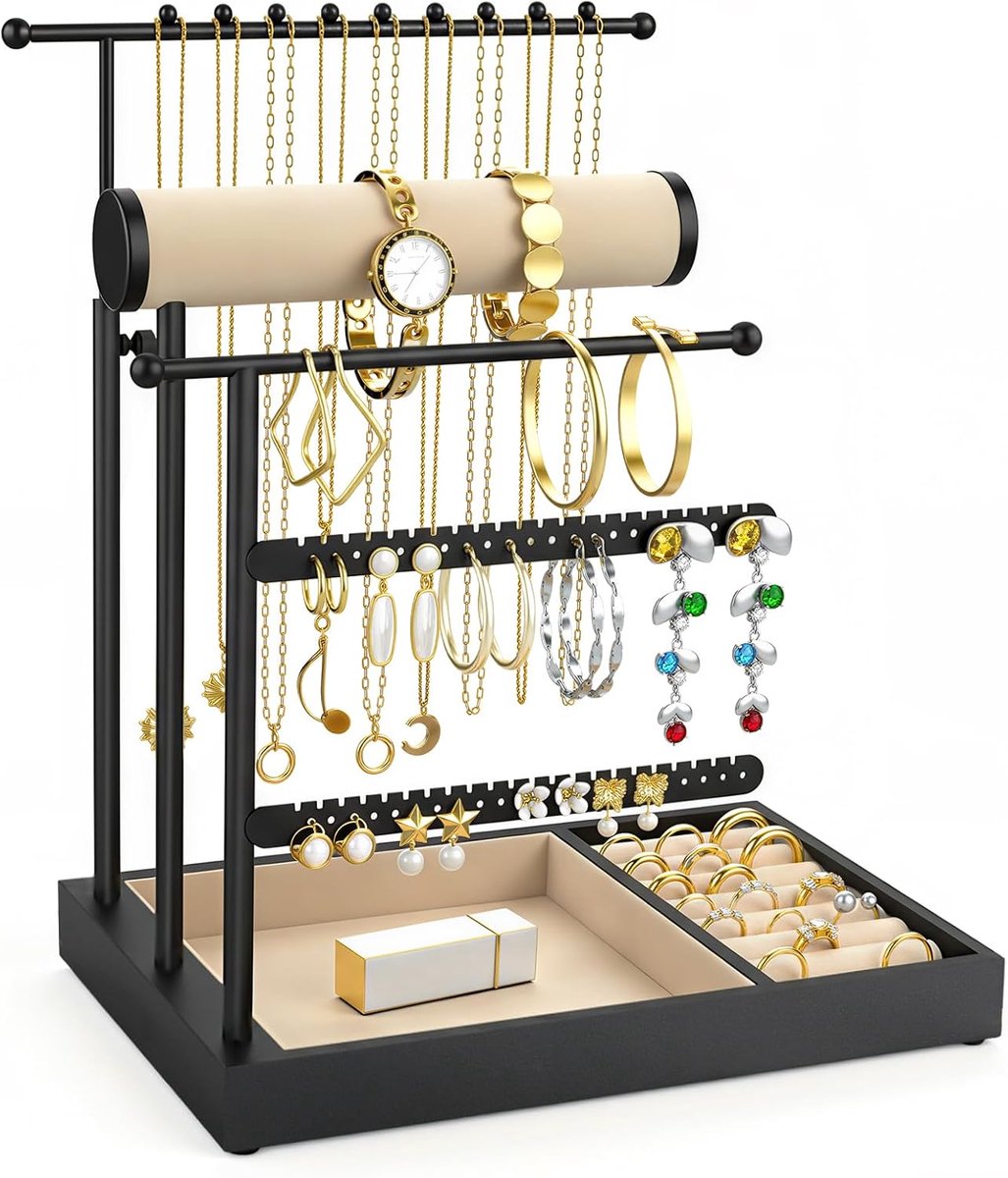 Necklace Holder Jewelry Organizer Stand, 5 Tier Jewelry Holder | Jewelry Organizers and Storage, Bracelet Earring Holder, Metal Frame Velvet Tray, Elegant Jewelry Stand Tower Gift for Women