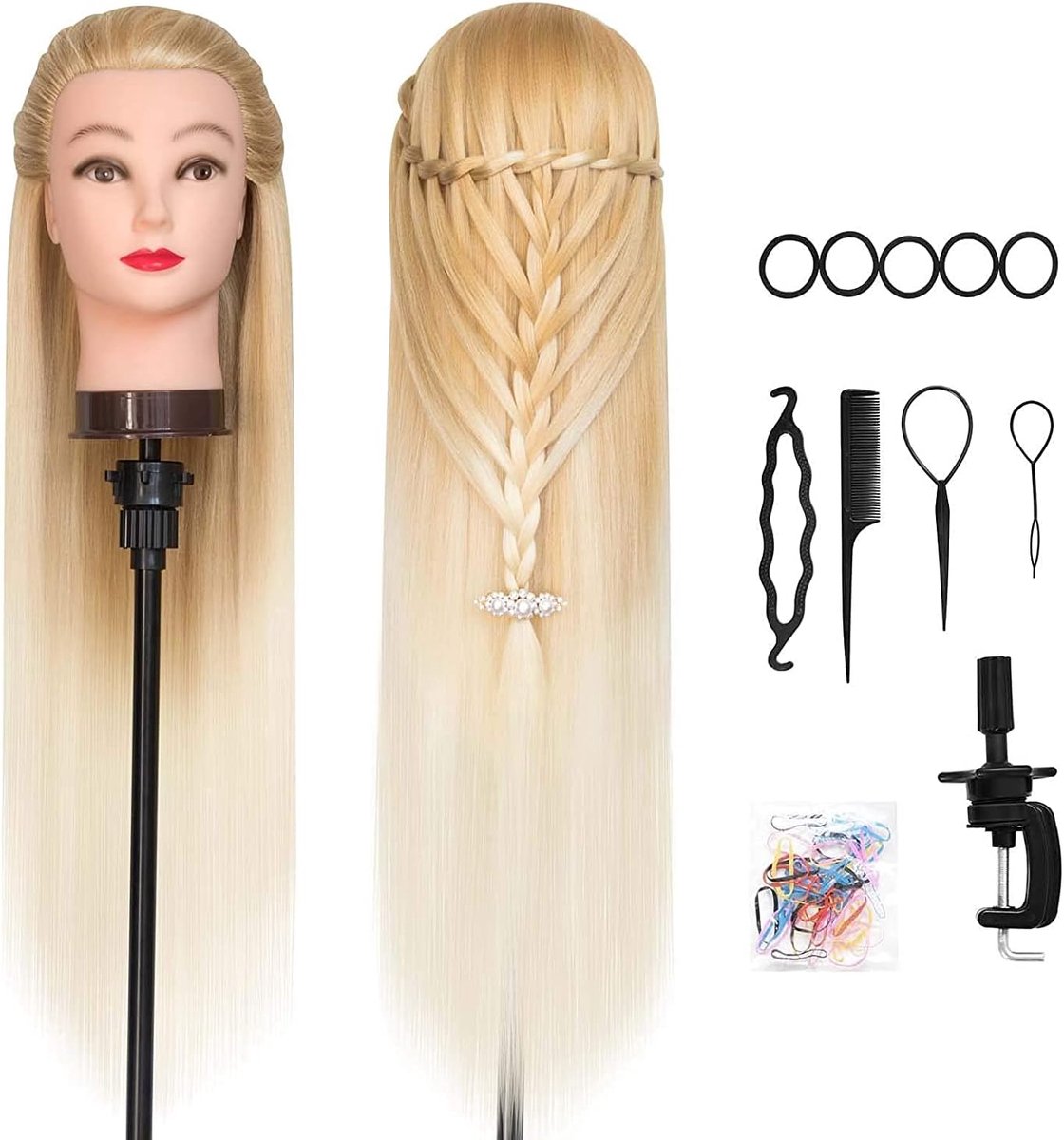 DanseeMeibr 26-28 Inch/66-71 cm Kappershoofd 100% Synthetische Vezel, Schoonheidsschool Mannequin, Poppenhoofd met Gratis Klem voor Vlechten, Styling (C)
