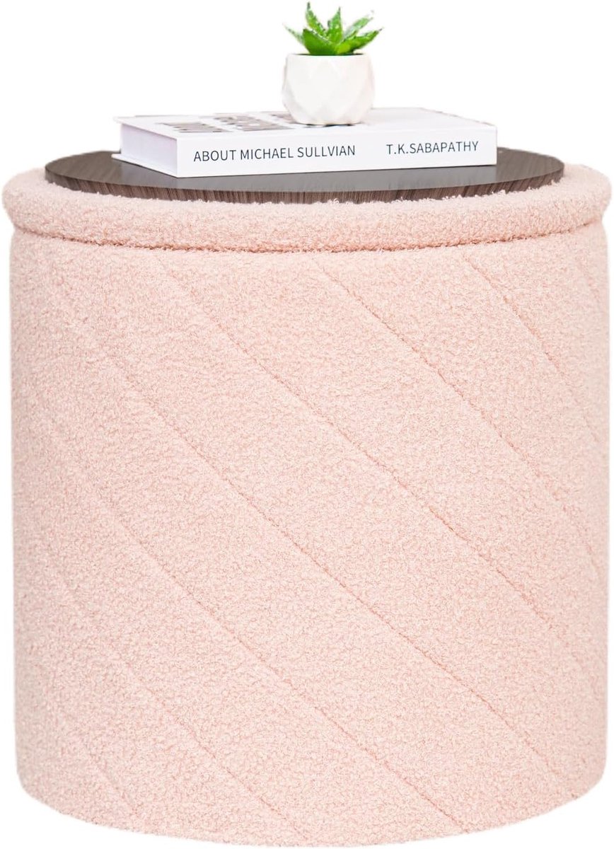 SnelShoppen - Bonlife Ronde Ottomane Poef met Opbergruimte, Vouwbare Hocker met Deksel, Boucle Dresser Poef voor Woonkamer, Slaapkamer, Entree, Roze,