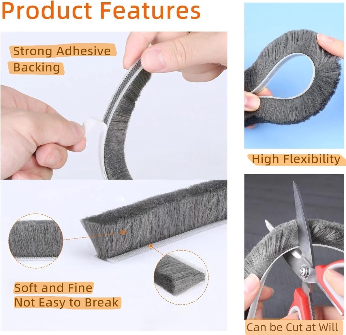 5 m borstelafdichting, zelfklevend, 9 mm (B) x 15 mm (D) afdichtingsborstel, tochtafdichting voor deuren en ramen, penseel weerbeschermingsband, afdichtingsband, grijs