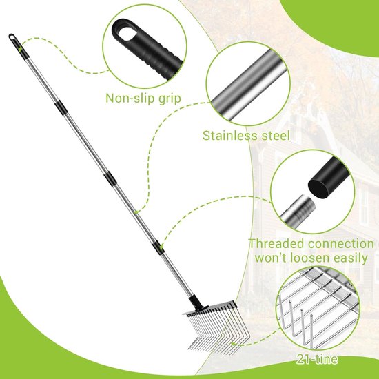 Tuinhark Verstelbaar - Bladhark Steel - Gazon Reinigen - Roestvrij Staal - 160 cm - Zilver — afbeelding 3