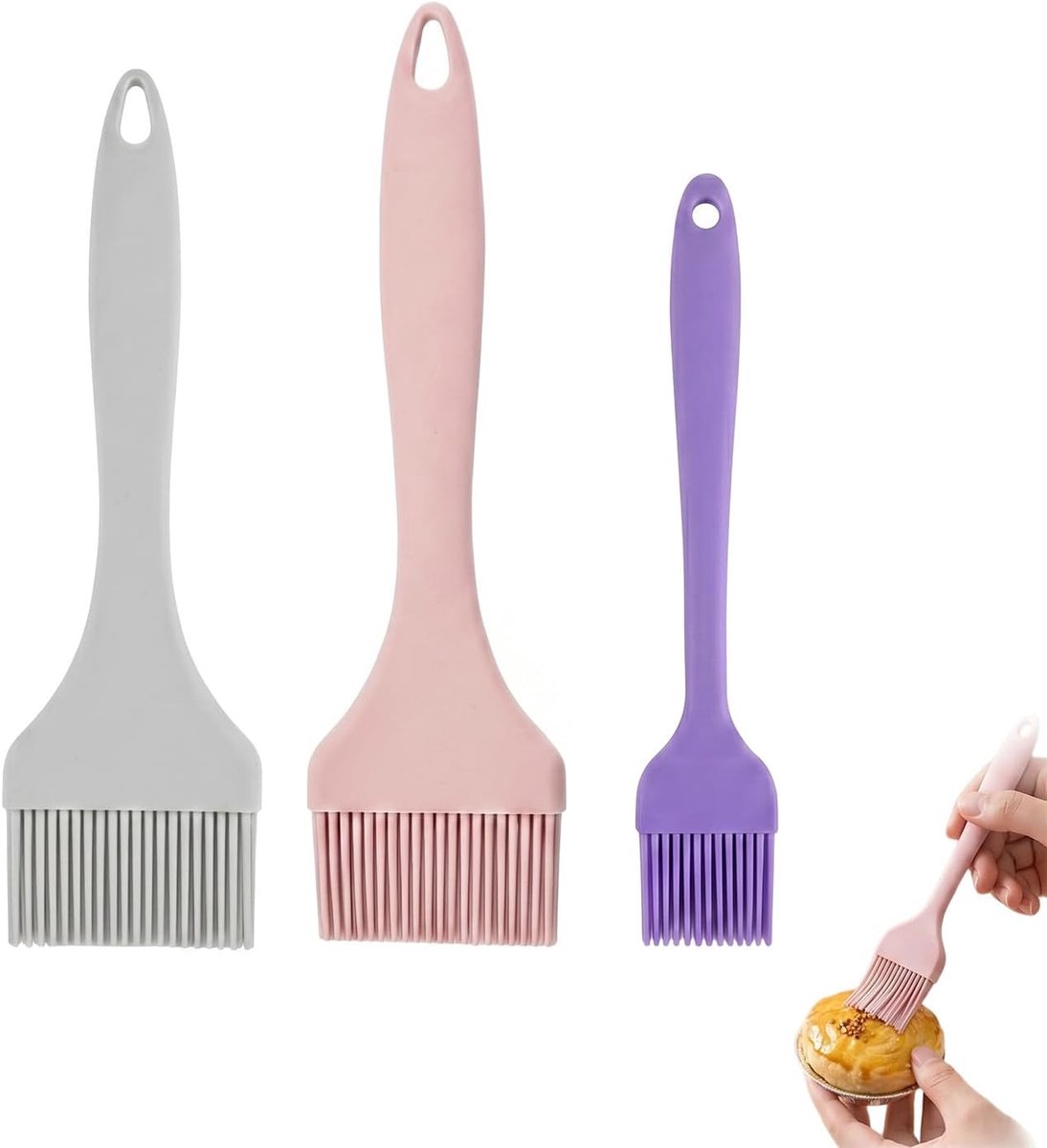 Set van 3 keukenkwasten van siliconen, bakkwast, breedte 9 cm, 7 cm en 3,5 cm, voedselkwast, hittebestendig, voor barbecue, marinade, taarten en koken, zwart, roze en paars